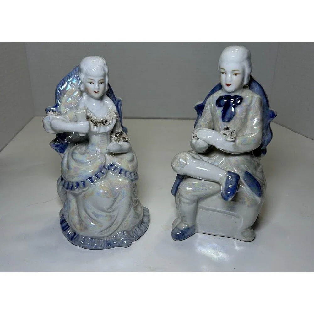 Vintage Victorian/Colonial Iridescent Porcelain Couple Having Tea (3 Pc Set)